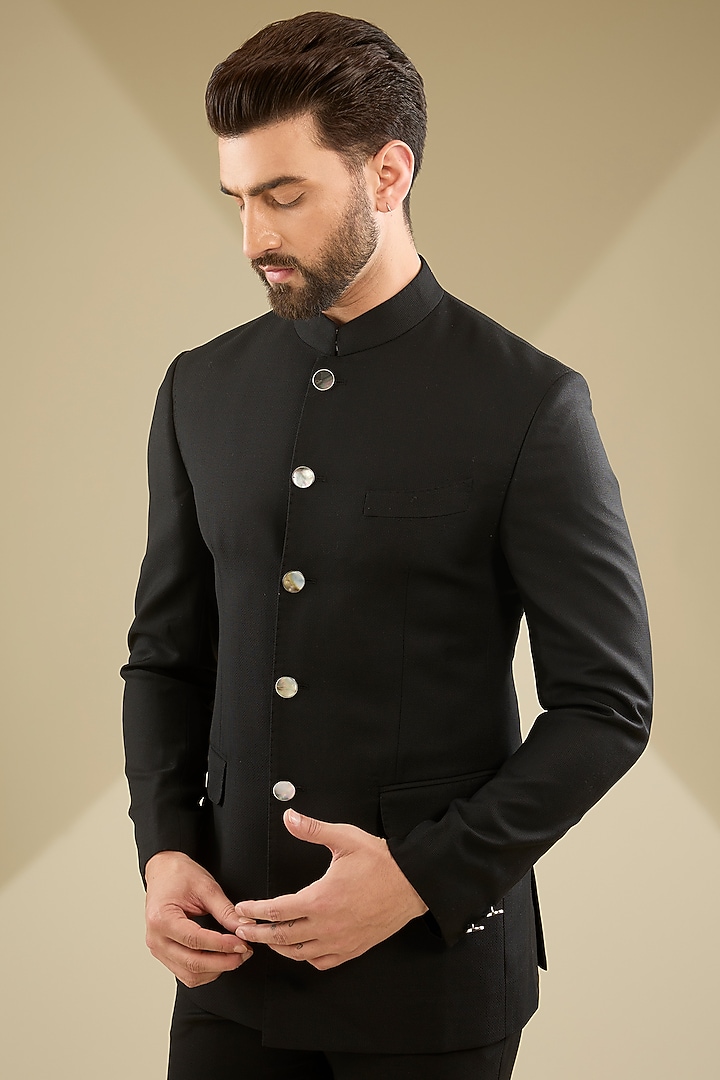 Black Raw Silk Bandhgala Set by Divyam Mehta Men at Pernia's Pop Up Shop