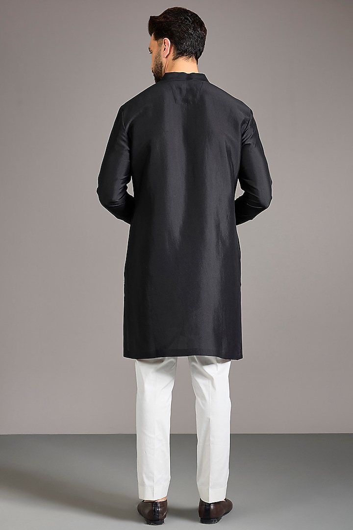 Black Raw Silk Embroidered Bundi Jacket Set by Divyam Mehta Men at Pernia's Pop Up Shop