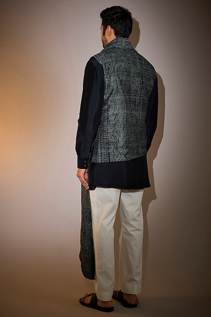 Space Blue Raw Silk Bundi Jacket Set by Divyam Mehta Men at Pernia's Pop Up Shop