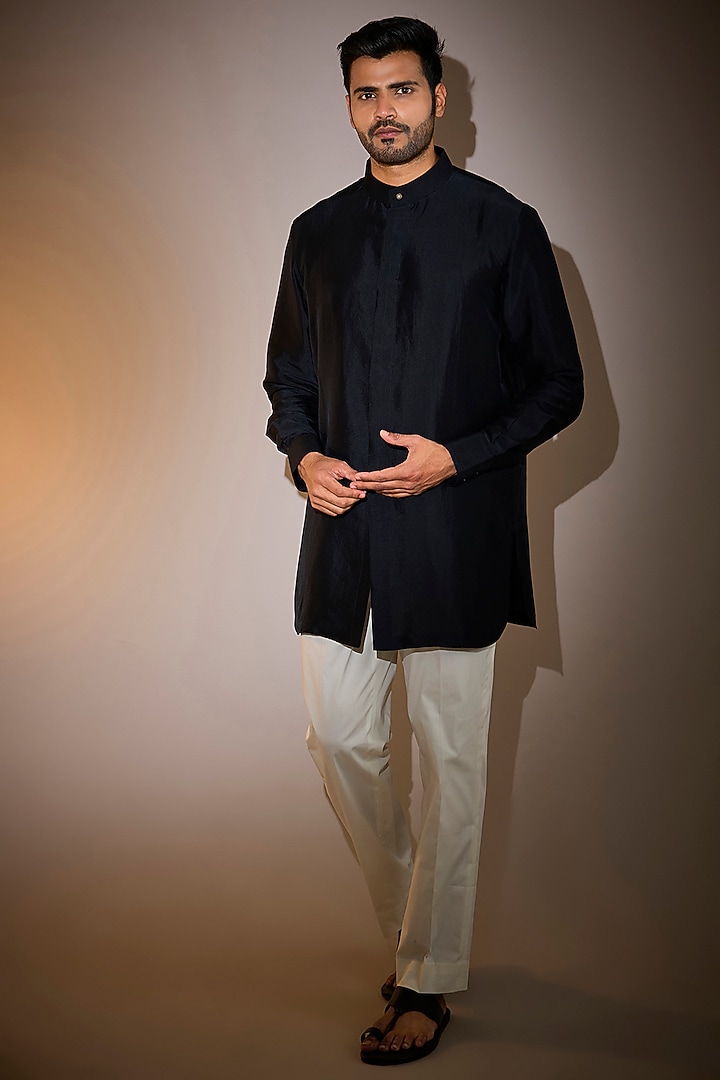 Space Blue Raw Silk Bundi Jacket Set by Divyam Mehta Men at Pernia's Pop Up Shop