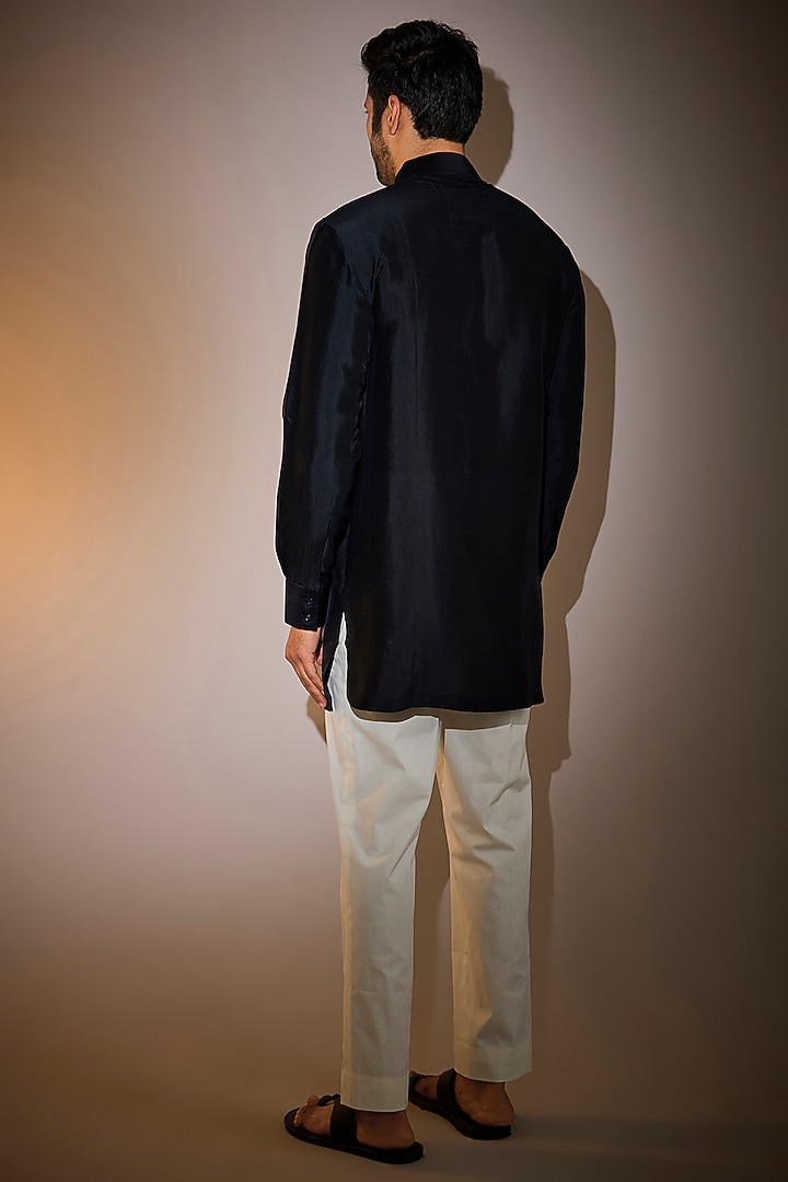 Space Blue Raw Silk Bundi Jacket Set by Divyam Mehta Men at Pernia's Pop Up Shop