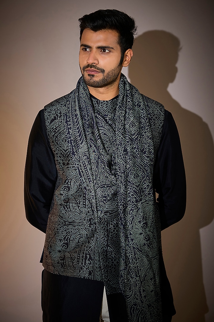 Space Blue Raw Silk Bundi Jacket Set by Divyam Mehta Men at Pernia's Pop Up Shop