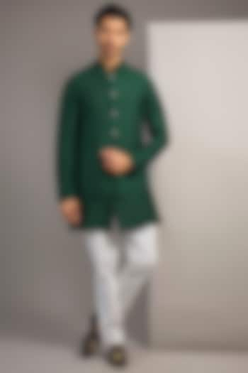 Amazon Green Silk Bundi Jacket Set by Divyam Mehta Men