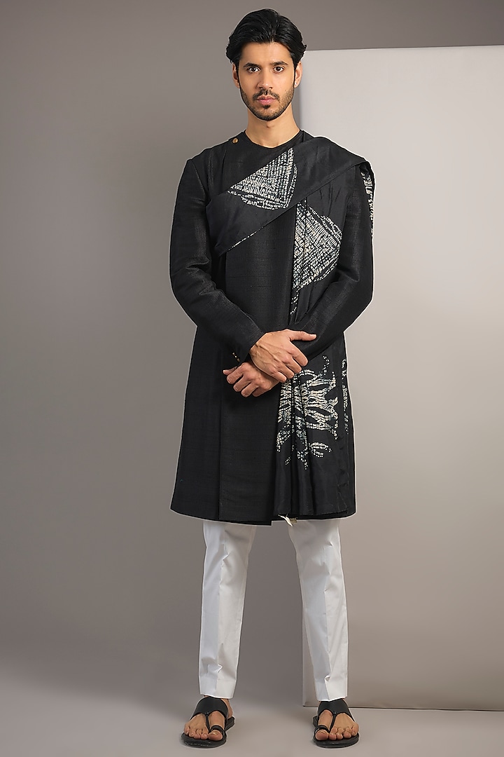 Black Raw Silk Kurta Set by Divyam Mehta Men