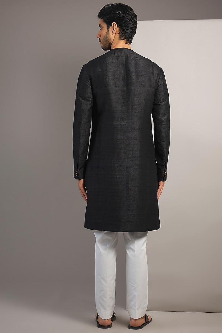 Black Raw Silk Kurta Set by Divyam Mehta Men at Pernia's Pop Up Shop