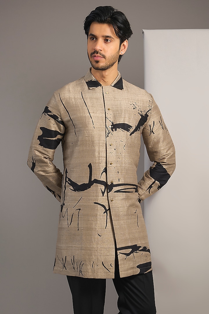 Beige Raw Silk Kurta by Divyam Mehta Men