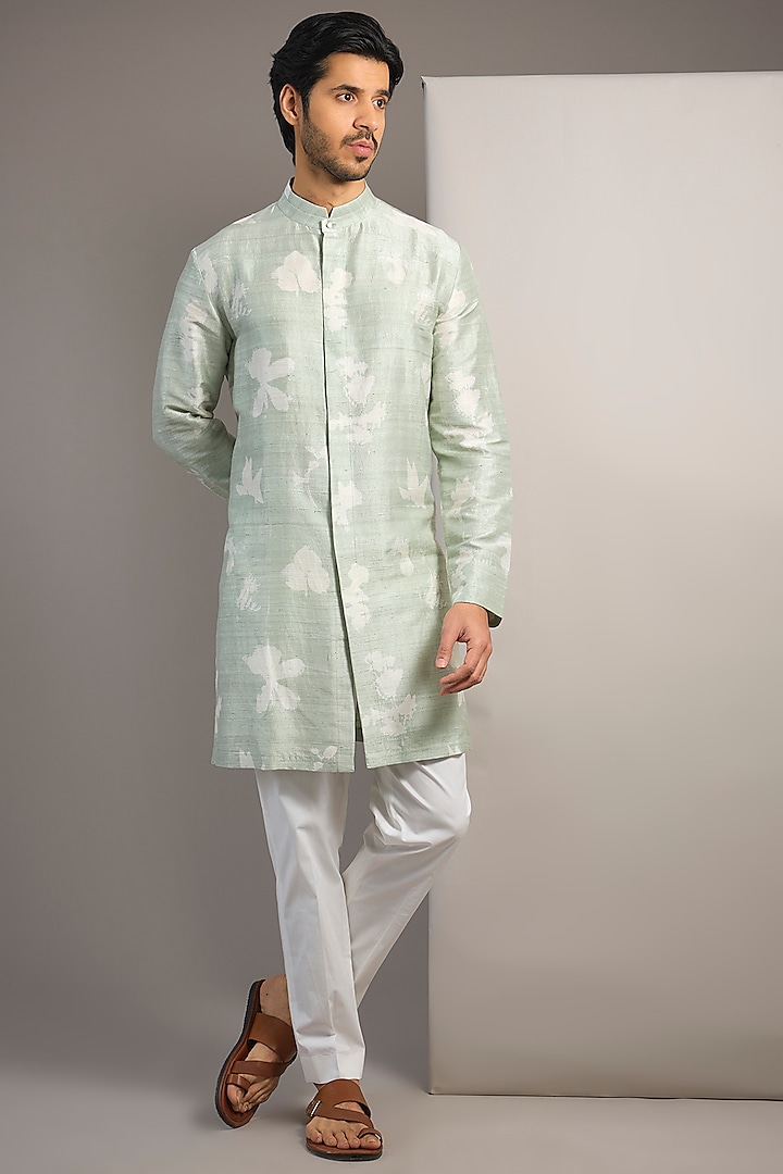 Mint Raw Silk Kurta Set by Divyam Mehta Men