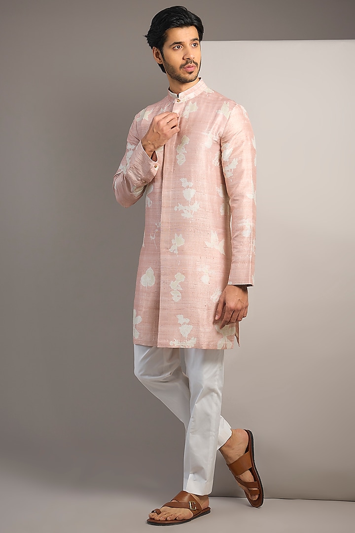 Rose Quartz Raw Silk Kurta Set by Divyam Mehta Men