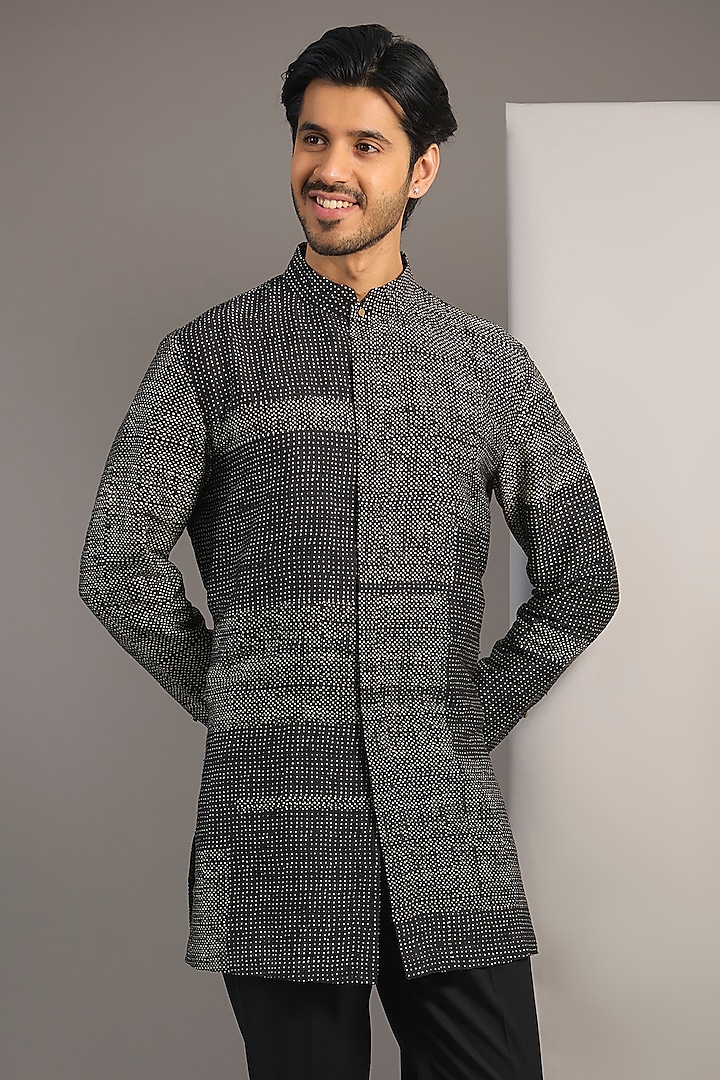 Black Raw Silk Kurta by Divyam Mehta Men