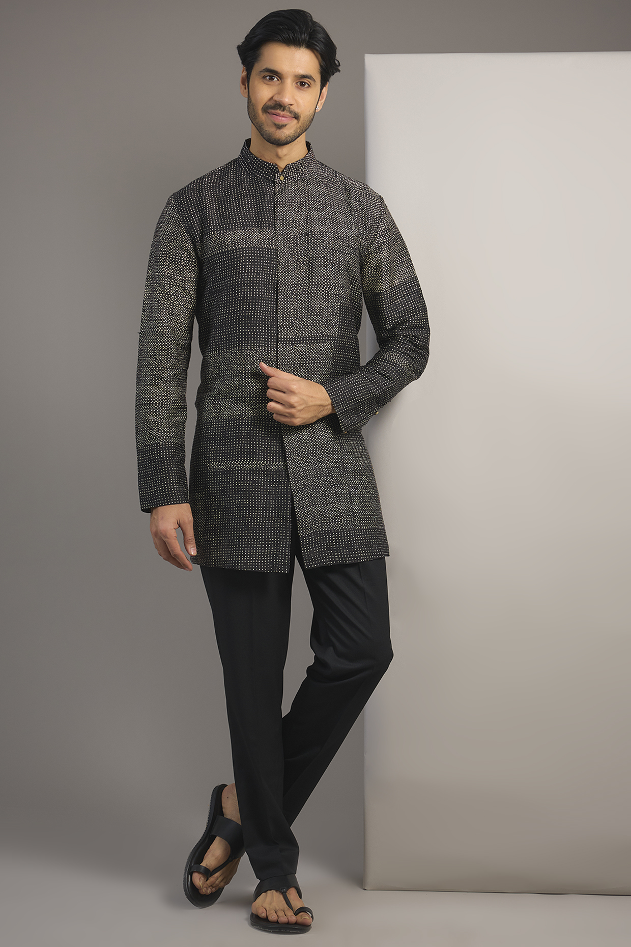 Black Raw Silk Kurta by Divyam Mehta Men