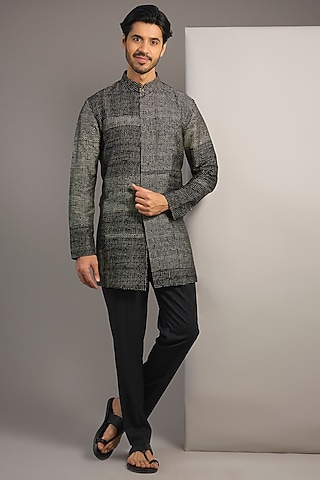 Black Raw Silk Kurta by Divyam Mehta Men