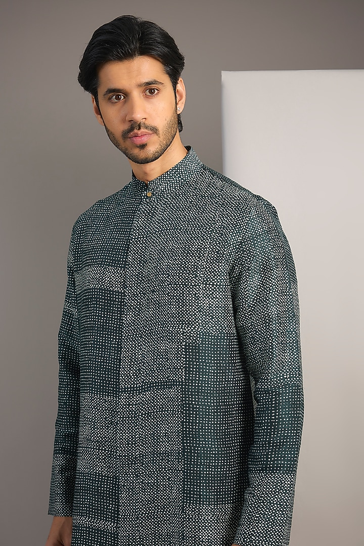 Bottle Green Raw Silk Kurta by Divyam Mehta Men at Pernia's Pop Up Shop