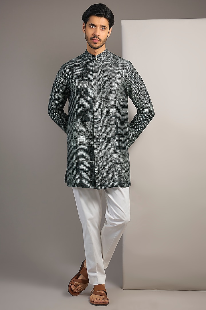 Bottle Green Raw Silk Kurta by Divyam Mehta Men
