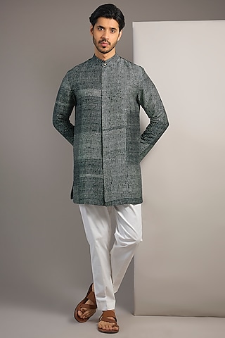 Bottle Green Raw Silk Kurta by Divyam Mehta Men