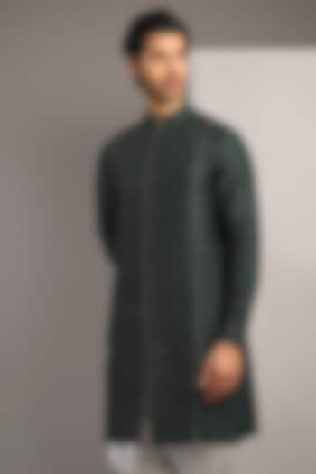 Bottle Green Raw Silk Kurta by Divyam Mehta Men