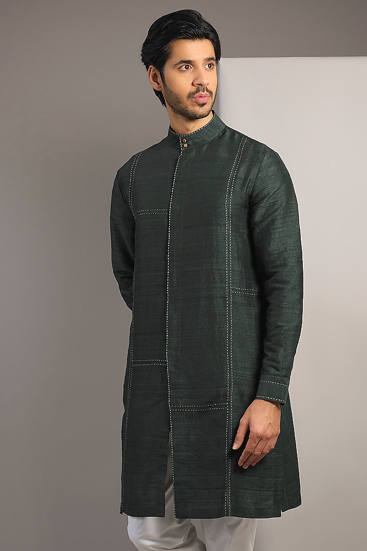 Bottle Green Raw Silk Kurta by Divyam Mehta Men