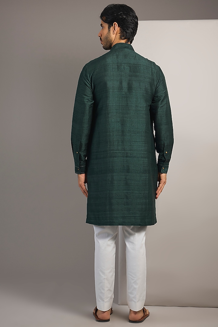 Bottle Green Raw Silk Kurta by Divyam Mehta Men at Pernia's Pop Up Shop