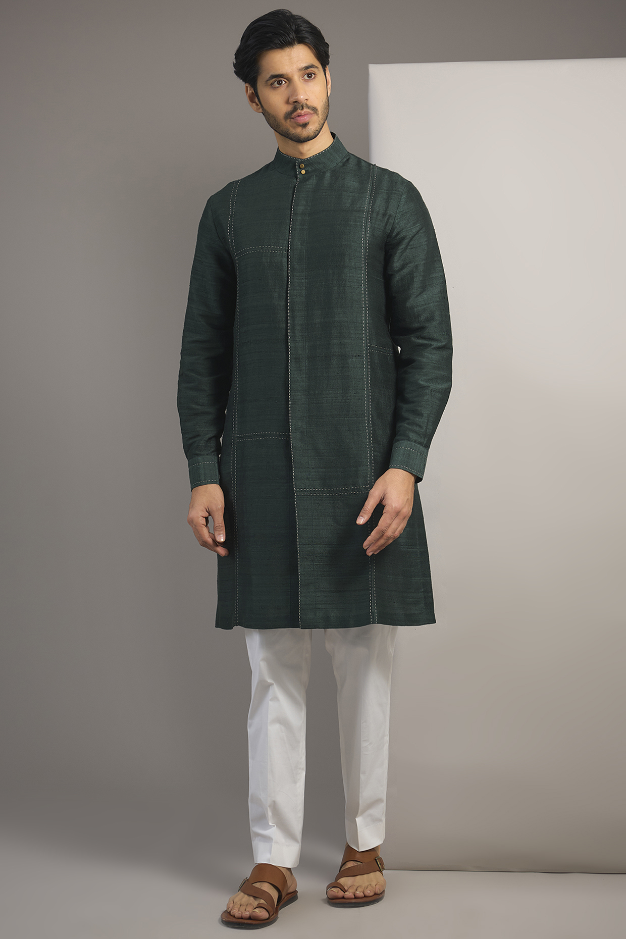 Bottle Green Raw Silk Kurta by Divyam Mehta Men