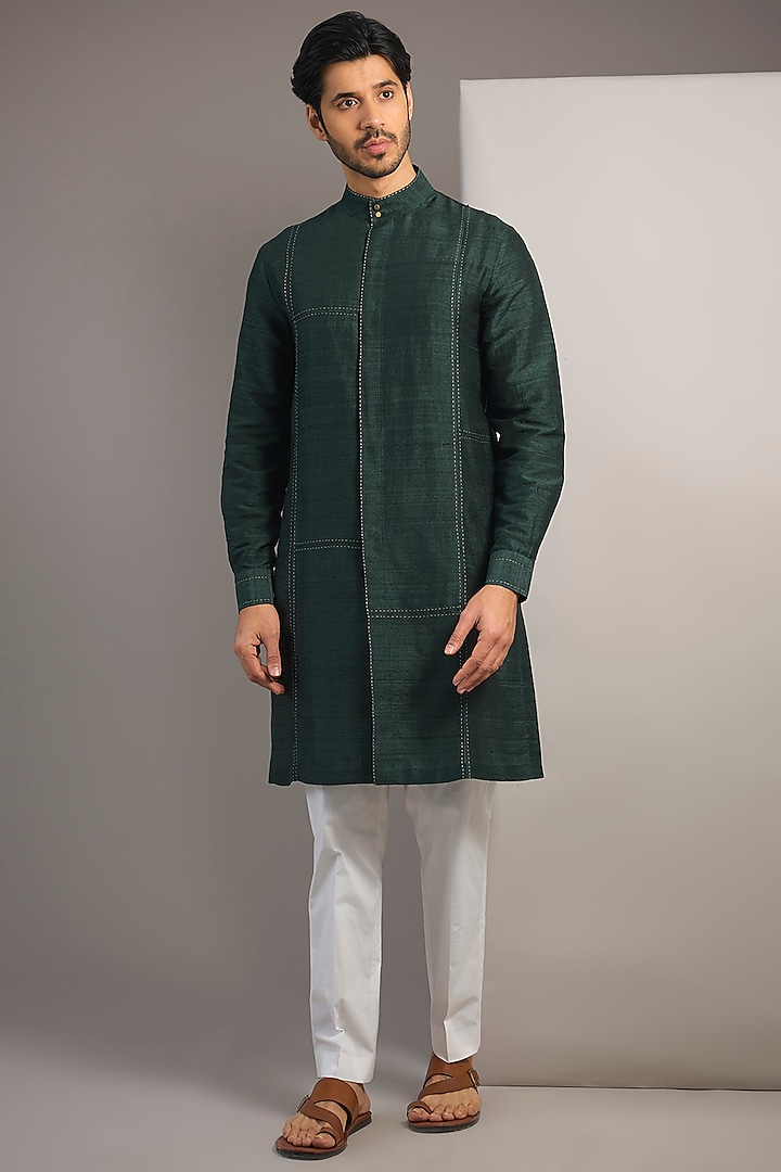 Bottle Green Raw Silk Kurta by Divyam Mehta Men