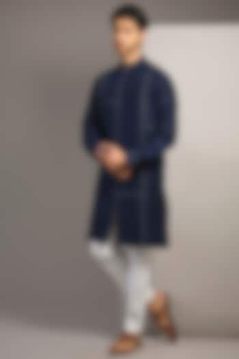 Blue Raw Silk Kurta by Divyam Mehta Men