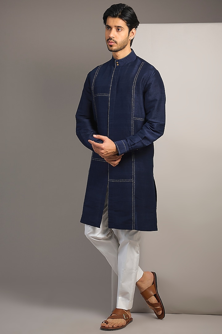 Blue Raw Silk Kurta by Divyam Mehta Men