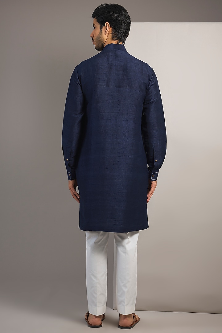 Blue Raw Silk Kurta by Divyam Mehta Men at Pernia's Pop Up Shop