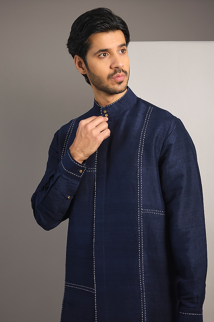 Blue Raw Silk Kurta by Divyam Mehta Men at Pernia's Pop Up Shop
