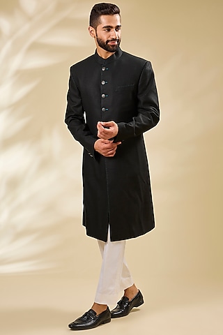 Black Silk Sherwani Set by Divyam Mehta Men