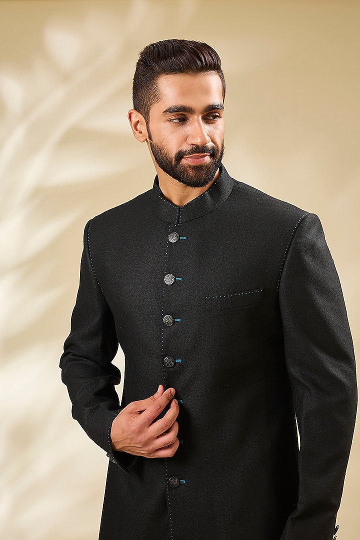 Black Silk Groom Sherwani Set by Divyam Mehta Men at Pernia's Pop Up Shop