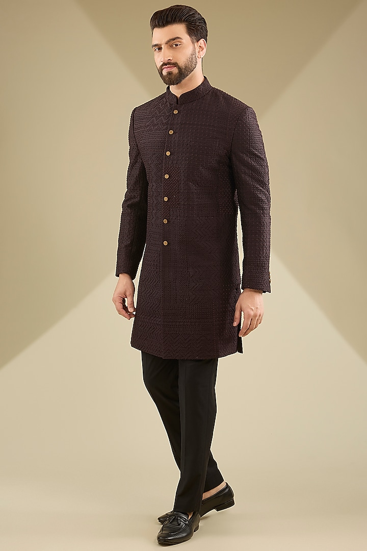 Jamun Silk Sherwani Set by Divyam Mehta Men