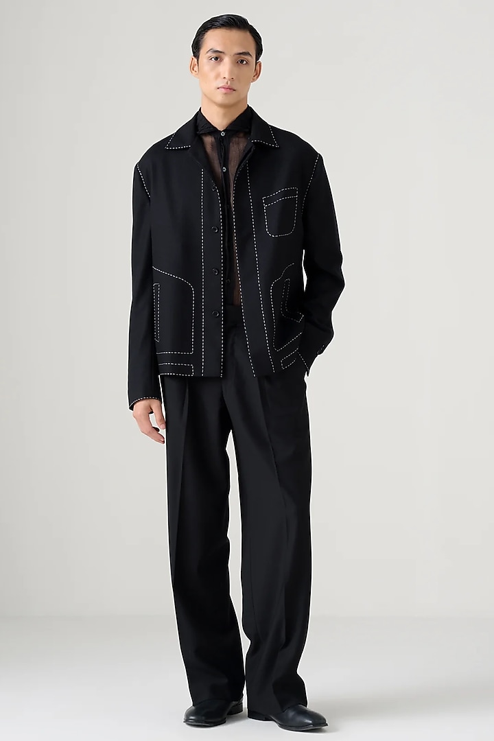 Black Wool Handstitch Handcrafted Jacket by Divyam Mehta Men at Pernia's Pop Up Shop