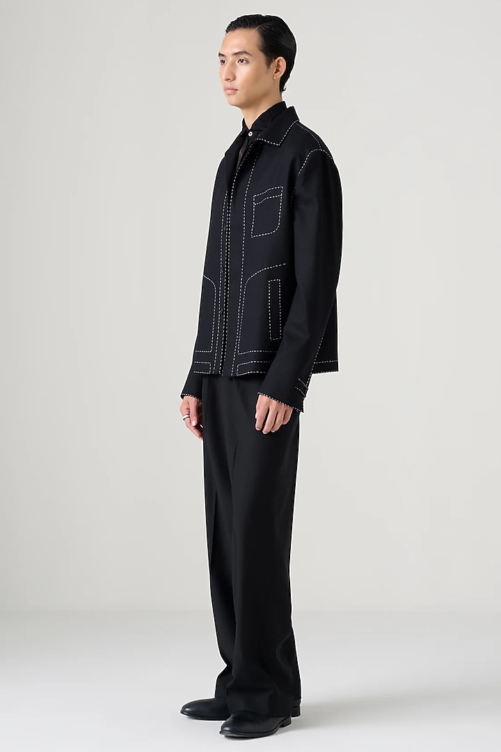 Black Wool Handstitch Handcrafted Jacket by Divyam Mehta Men at Pernia's Pop Up Shop
