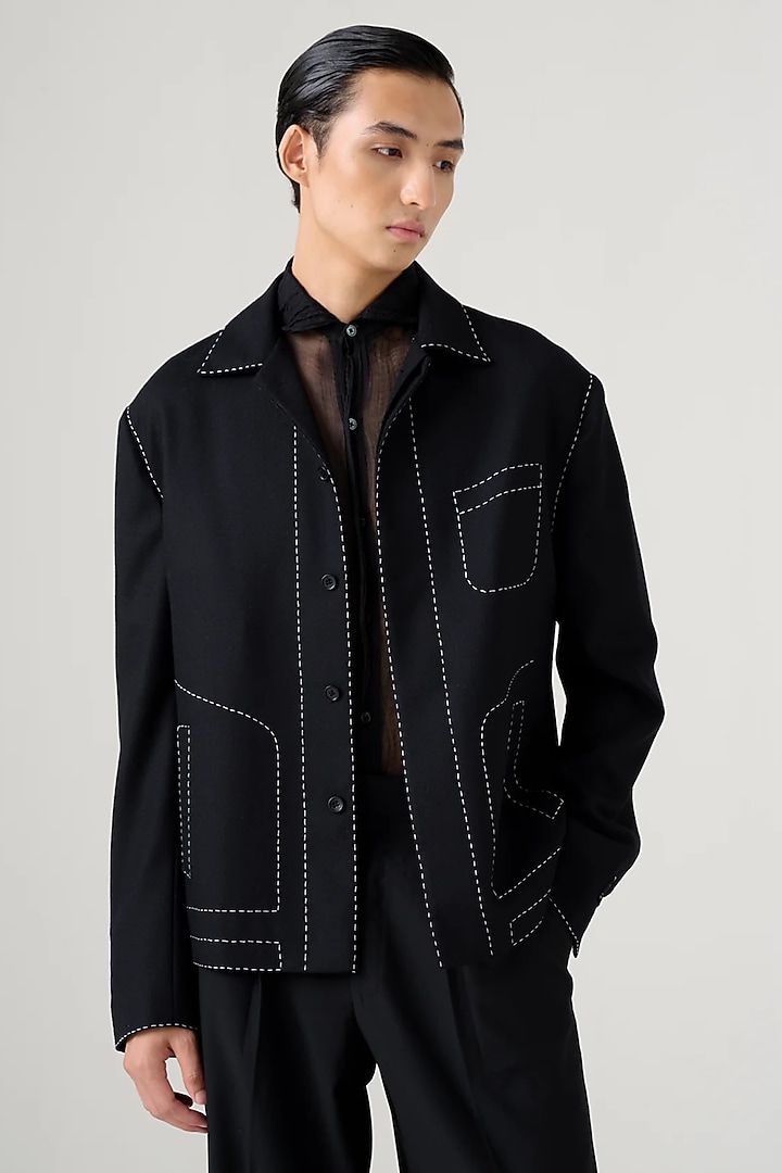 Black Wool Handstitch Handcrafted Jacket by Divyam Mehta Men at Pernia's Pop Up Shop