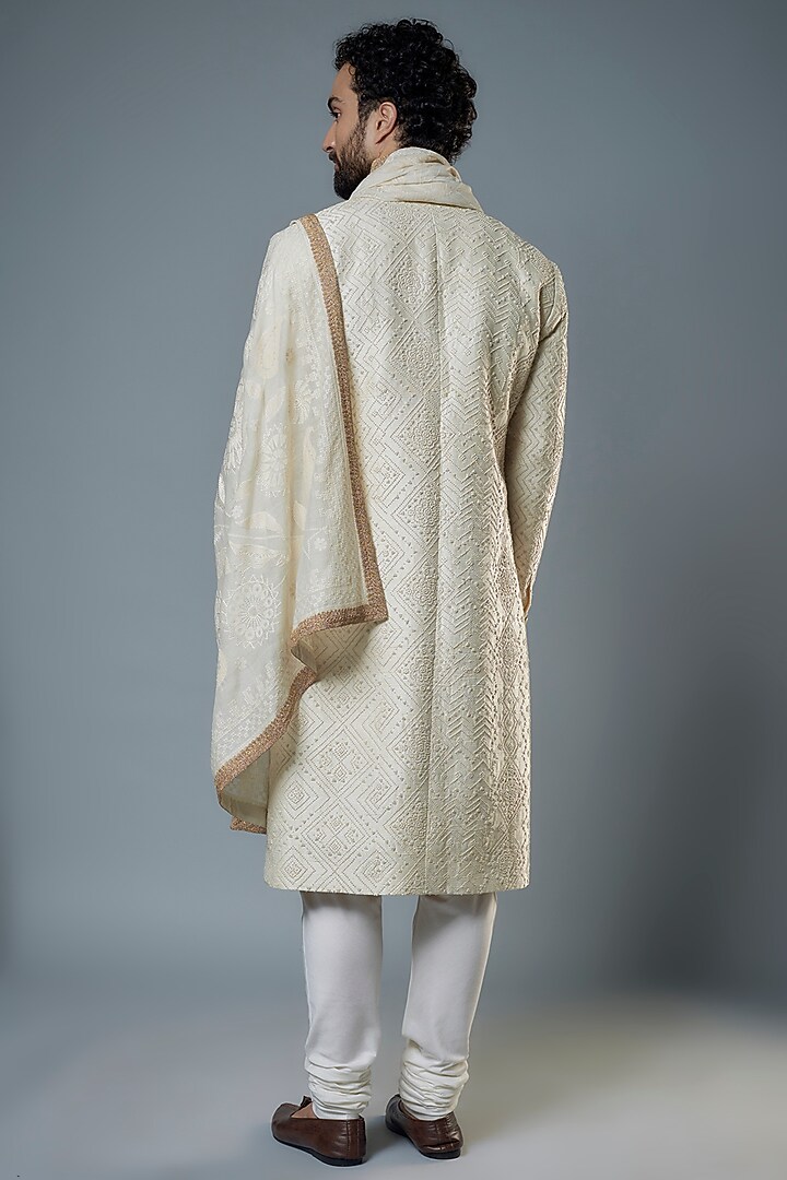 Ivory Raw Silk & Katan Silk Bead Embroidered Groom Sherwani Set by Divyam Mehta Men at Pernia's Pop Up Shop
