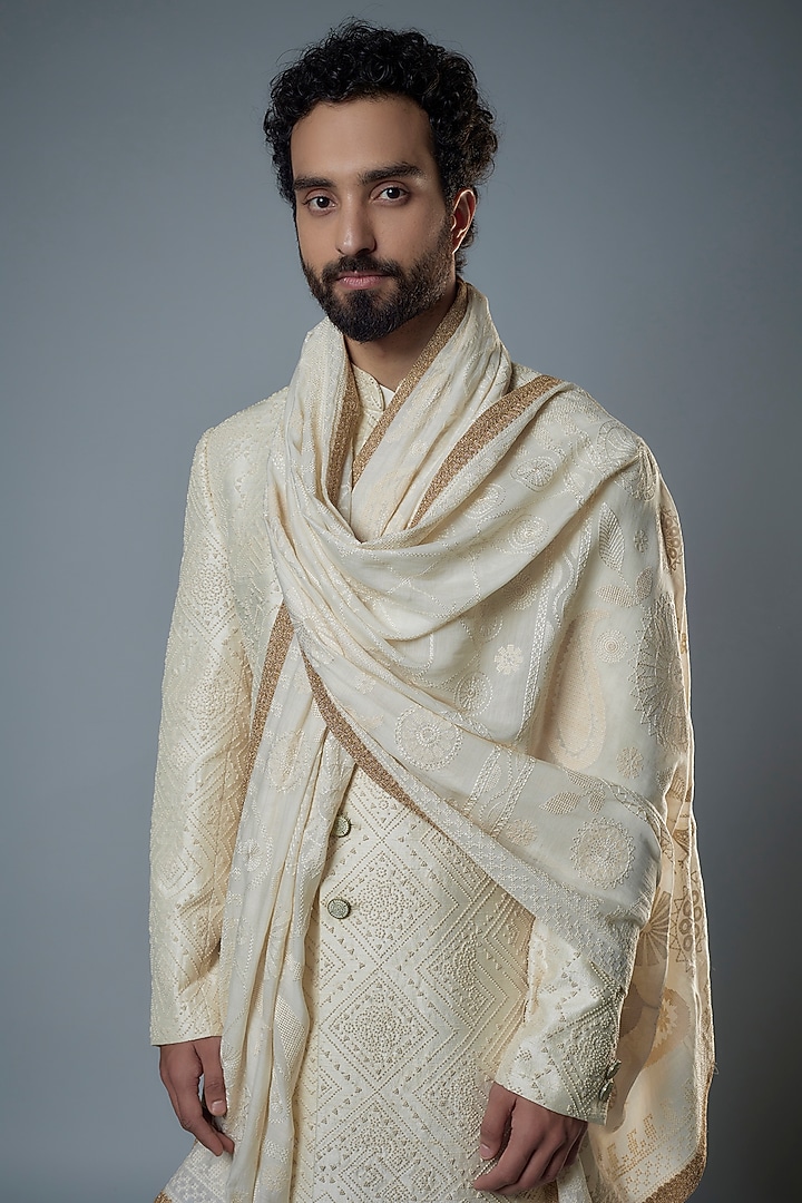Ivory Raw Silk & Katan Silk Bead Embroidered Groom Sherwani Set by Divyam Mehta Men at Pernia's Pop Up Shop
