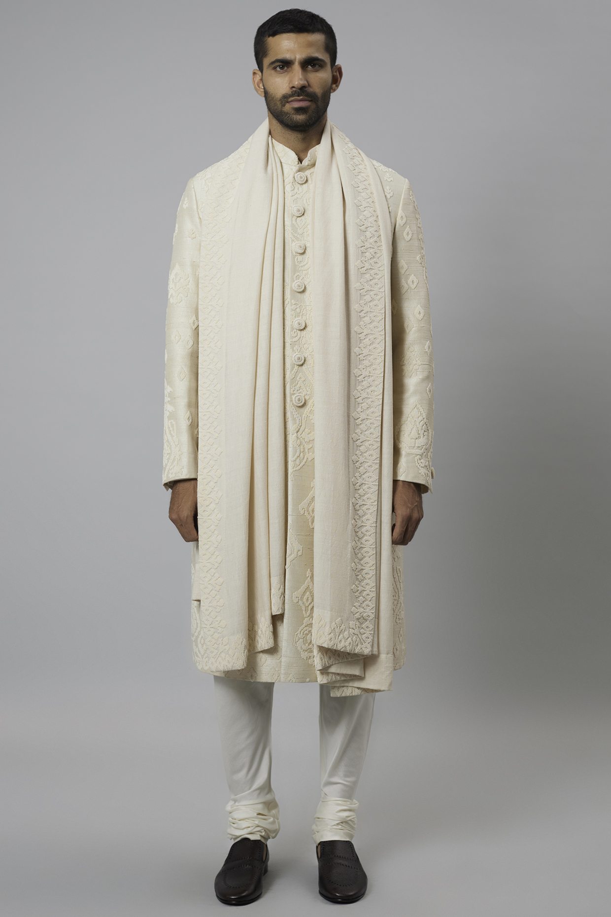 Ivory Raw Silk & Katan Silk Embroidered Sherwani Set by Divyam Mehta Men