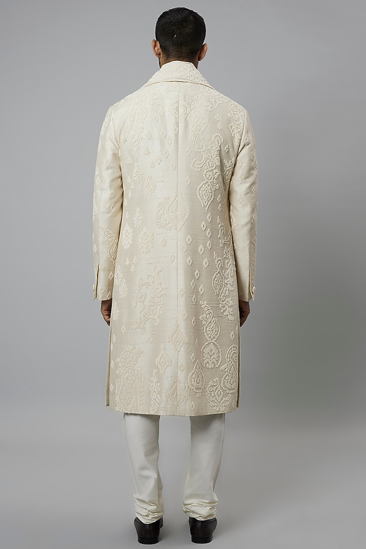 Ivory Raw Silk & Katan Silk Embroidered Groom Sherwani Set by Divyam Mehta Men at Pernia's Pop Up Shop