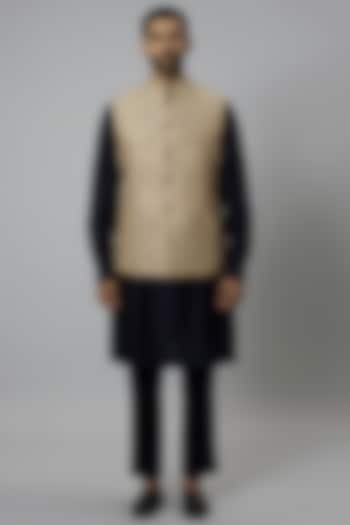 Beige Raw Silk Embroidered Bundi Jacket Set by Divyam Mehta Men