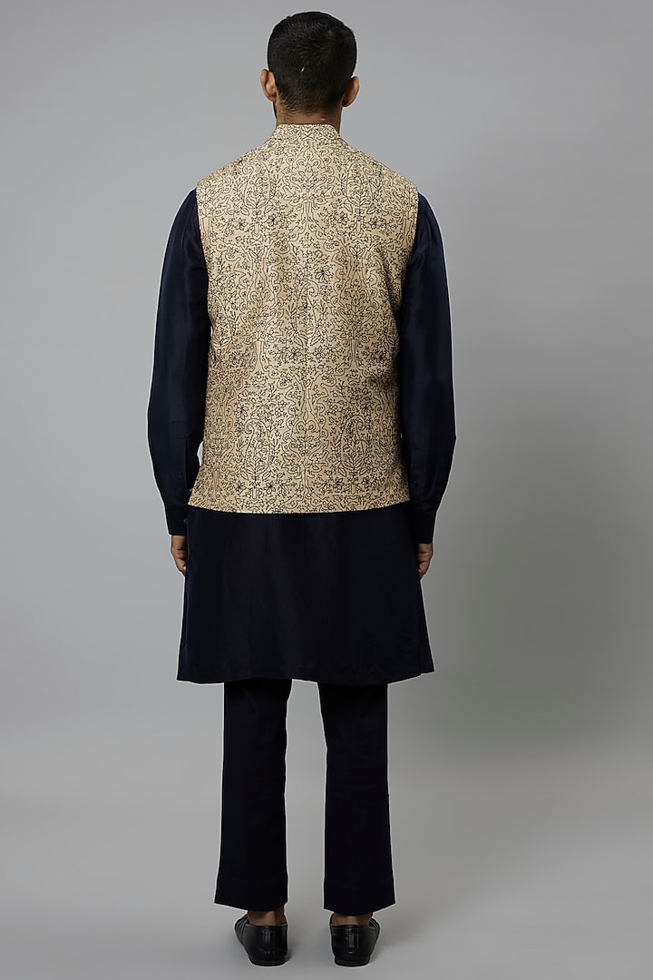 Beige Raw Silk Embroidered Bundi Jacket Set by Divyam Mehta Men at Pernia's Pop Up Shop