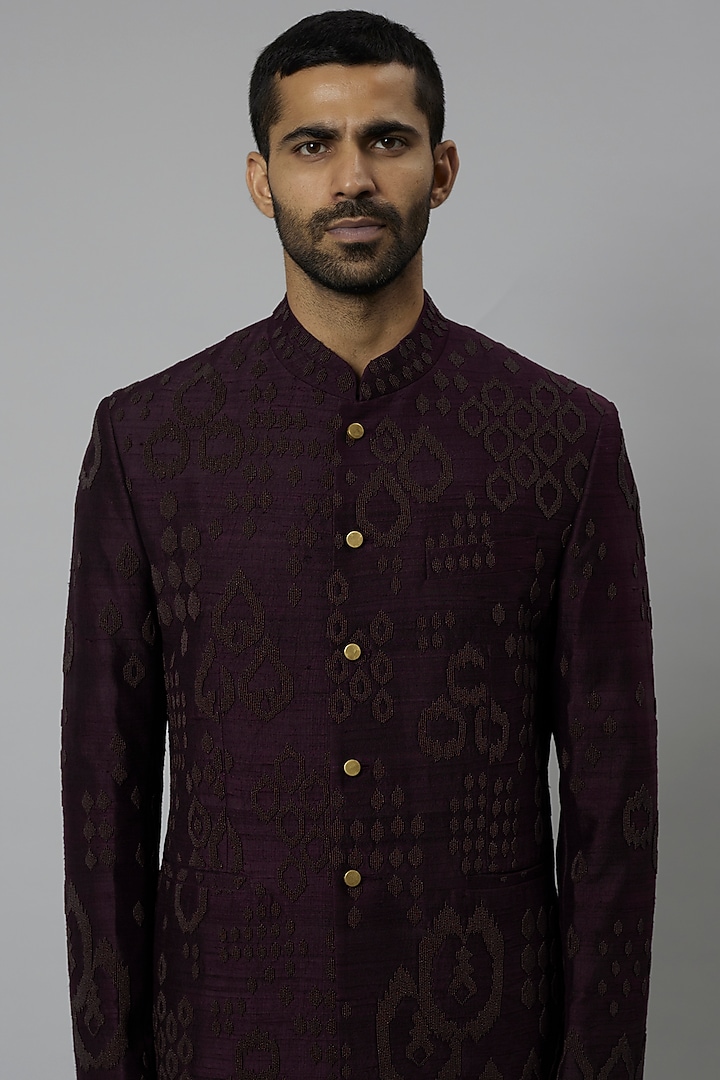 Falsa Raw Silk & Blended Wool Groom Bandhgala Set by Divyam Mehta Men at Pernia's Pop Up Shop