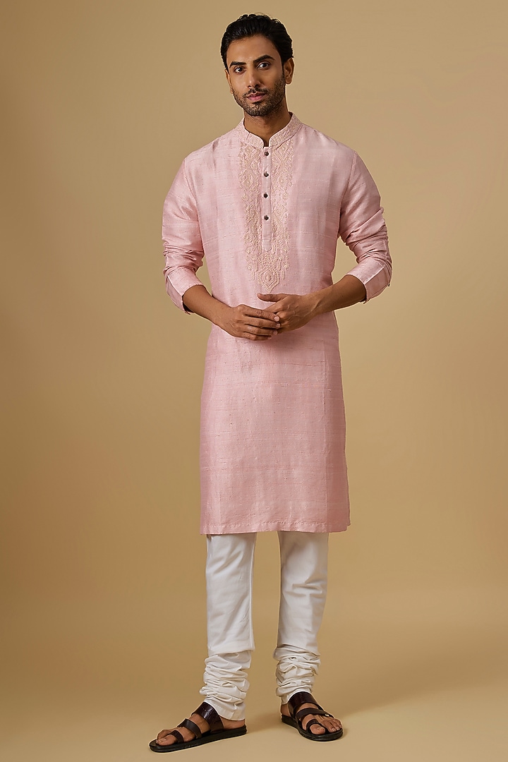 Pink Raw Silk & Katan Silk Kurta Set by Divyam Mehta Men at Pernia's Pop Up Shop