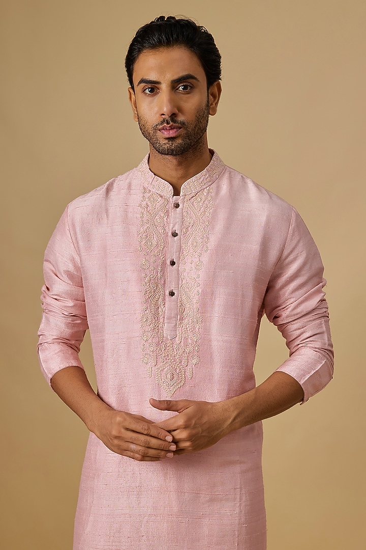 Pink Raw Silk & Katan Silk Kurta Set by Divyam Mehta Men at Pernia's Pop Up Shop
