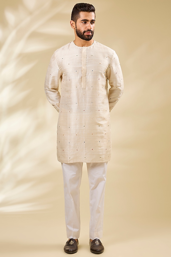 Ivory Raw Silk Embroidered Bundi Set by Divyam Mehta Men at Pernia's Pop Up Shop