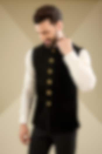 Black Silk Bundi Jacket by Divyam Mehta Men at Pernia's Pop Up Shop