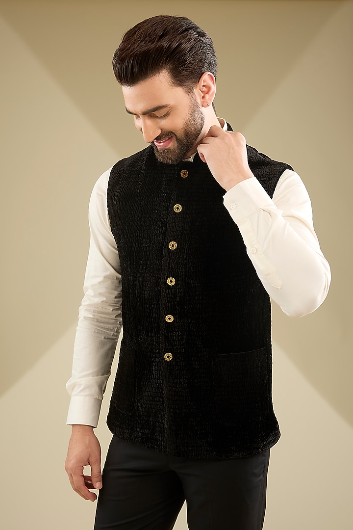 Black Silk Bundi Jacket by Divyam Mehta Men at Pernia's Pop Up Shop