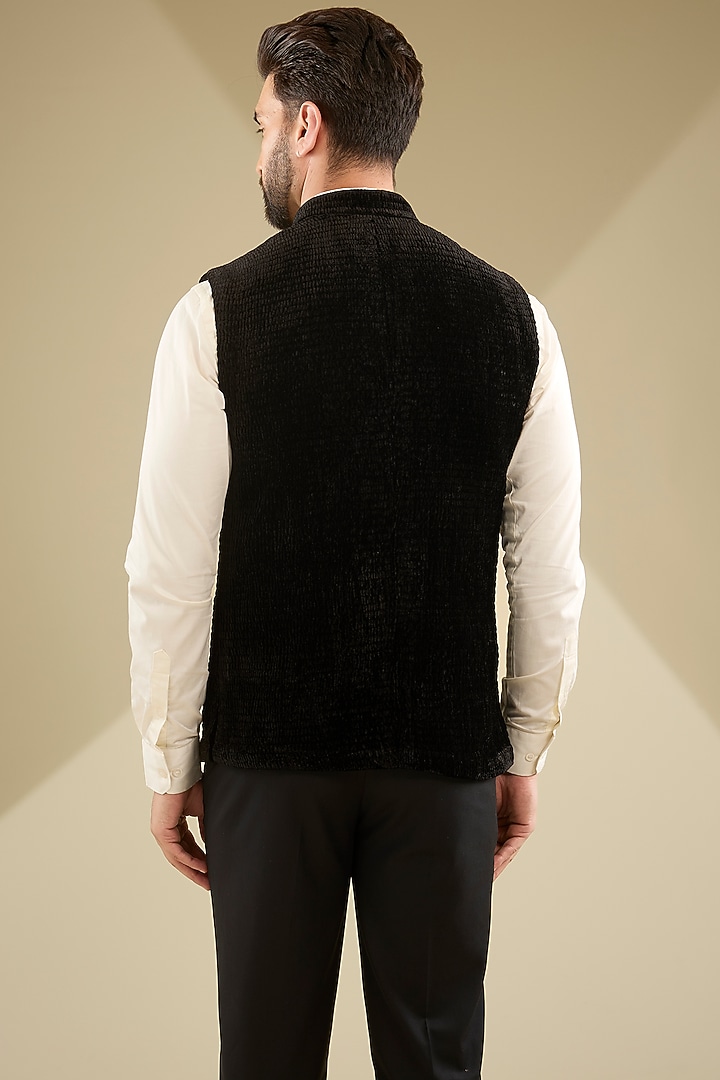 Black Silk Bundi Jacket by Divyam Mehta Men at Pernia's Pop Up Shop
