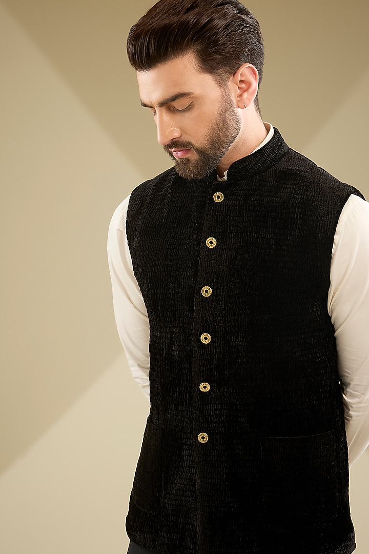 Black Silk Bundi Jacket by Divyam Mehta Men at Pernia's Pop Up Shop