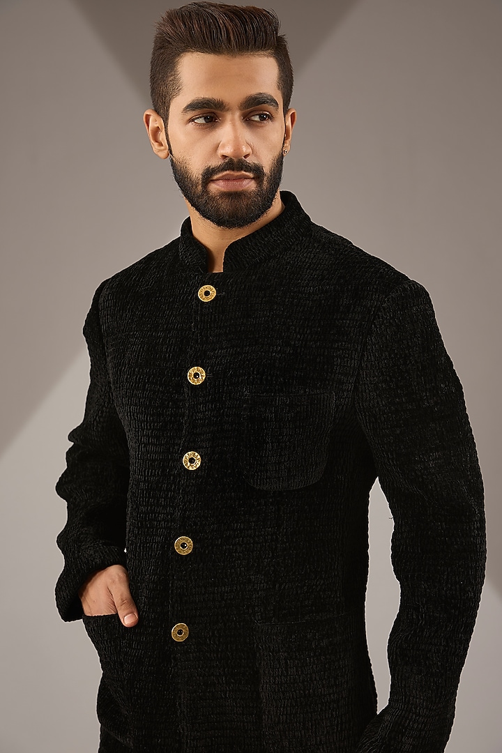 Black Velvet Bandhgala Set by Divyam Mehta Men at Pernia's Pop Up Shop