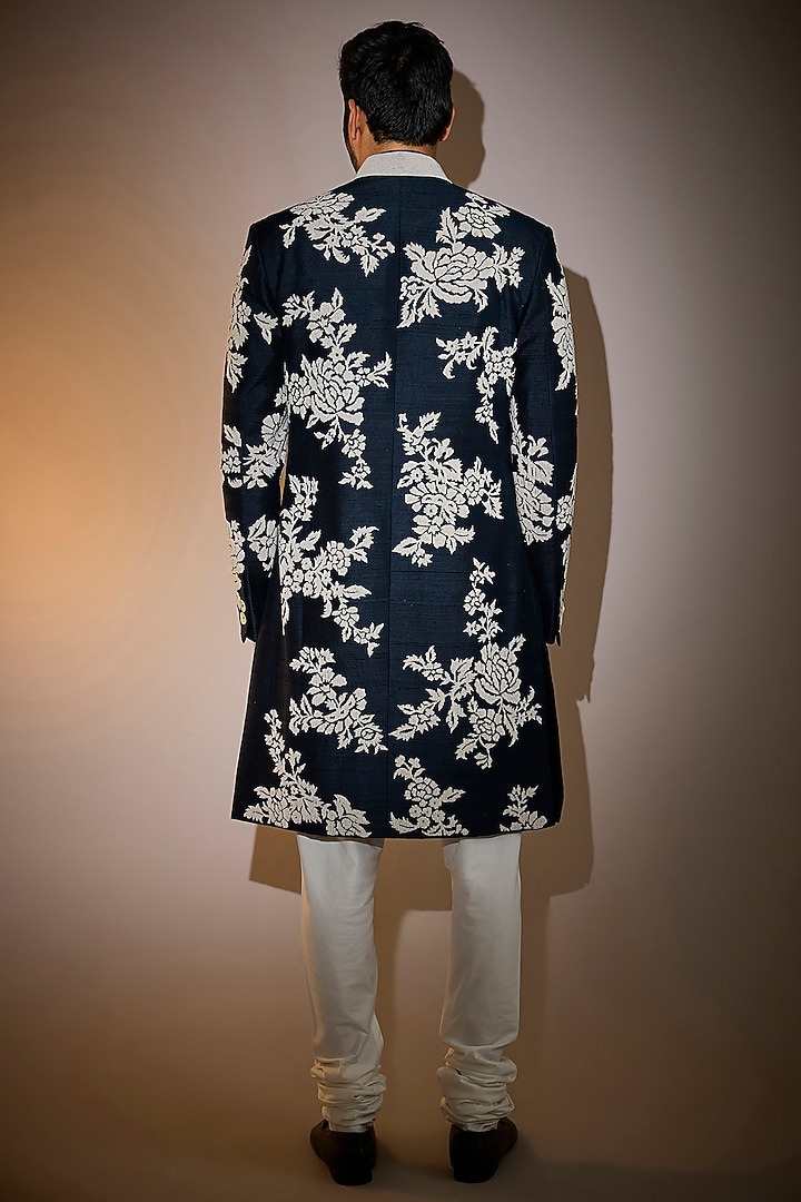 Space Blue Raw Silk Handcrafted Groom Indowestern Set by Divyam Mehta Men at Pernia's Pop Up Shop