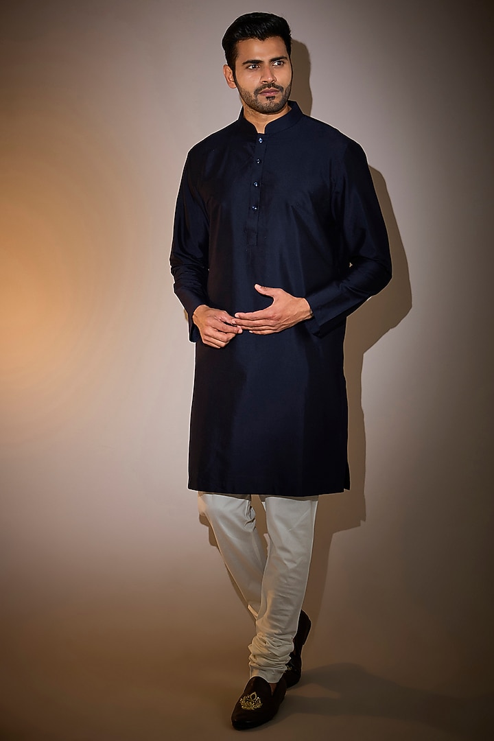 Space Blue Raw Silk Handcrafted Groom Indowestern Set by Divyam Mehta Men at Pernia's Pop Up Shop